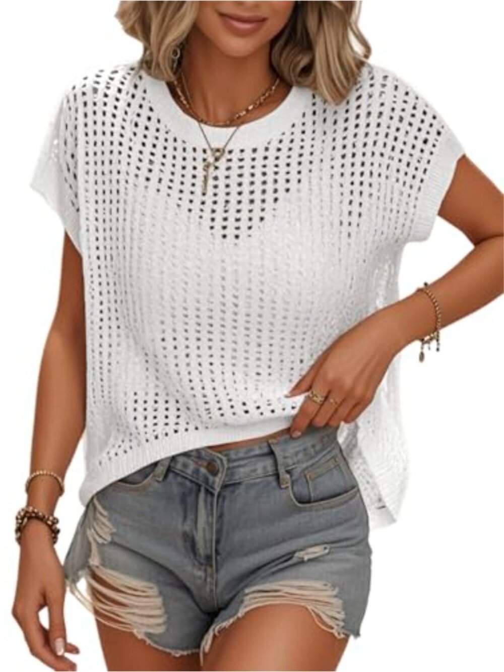Women Crochet Cover Up Cap Sleeve Hollow Out Knit Sweater Beach Vacation Resort